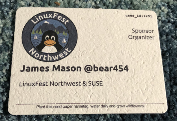 LinuxFest Northwest 2019 seed paper badge LFNW2019 sample badge